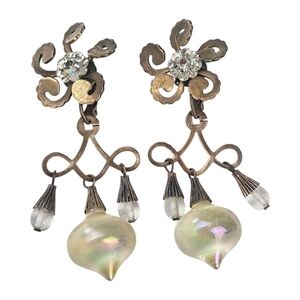 Victorian Revival Chandelier Earrings Clip On AB Crystal Drop Flower Vintage 3"